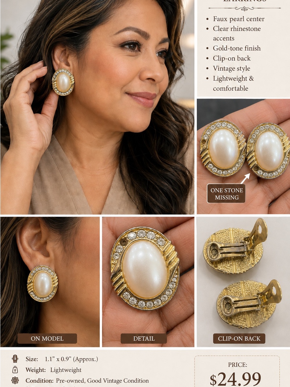Vintage Gold-Tone Faux Pearl Clip-On Earrings - Cream Pearl-1 store missing